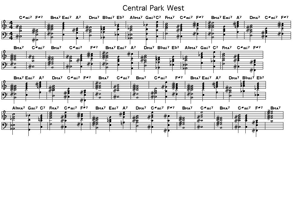 Central Park West, p1: GIF image of the score for the chord progression of John Coltrane's "Central Park West". This score shows a one bar intro, three repetitions of the main channel of the form, and one concluding bar.