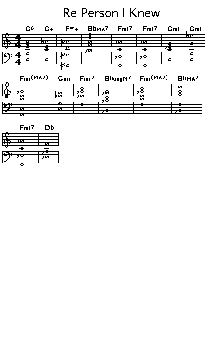 Re: Person I Knew, p1: <P>GIF image of the chord changes for Bill Evans' "Re: Person I Knew". Evans first recording of this was on his album "Moonbeams" on Riverside Records. This was the first tune on the first album that Evans recorded after the death of Scott La Faro, the original bassist for Evans' trio. LaFaro's death depressed Evans so badly that he reportedly did not perform for a year afterwards. The changes are very original and sound like something that La Faro would've liked to play. Check out La Faro's "Gloria's Step" to hear one of La Faro's compositions.</P>  <P>The producer of the "Moonbeams" album was Orrin Keepnews. The title of the tune is actually an anagram on Keepnews' name.</P>  <P> </P>