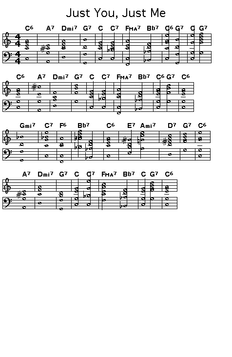 Just You, Just Me, p1: GIF image of the chord changes of  Jesse Greer's "Just You, Just Me".