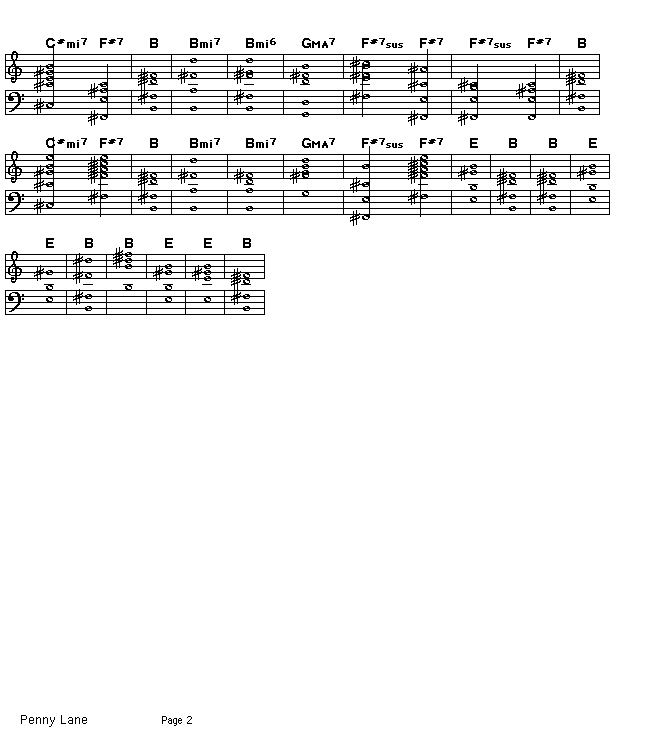 Penny Lane, p2: Page 2 of the score for the chord changes of Paul McCartney's "Penny Lane".