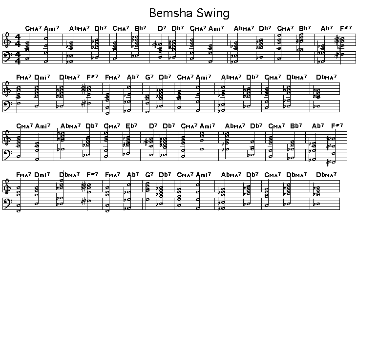 Bemsha Swing, p1: Printable GIF image of the chord progression for Thelonious Monk's "Bemsha Swing".
