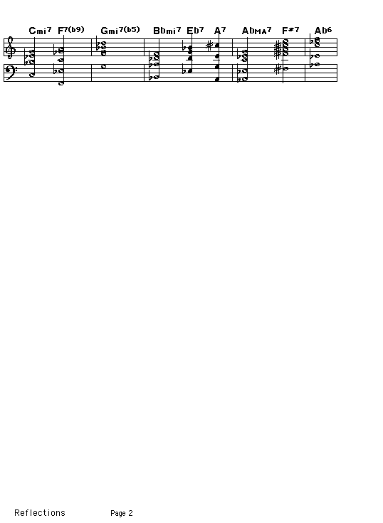 Reflections, p2: Page 2 of the score of the chord progression of Thelonious Monk's "Reflections".