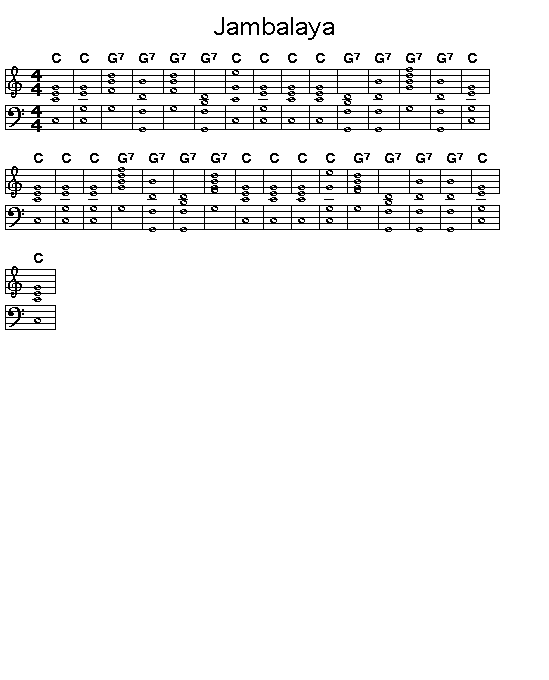 Jambalaya, p1: Printable GIF image of the chord progression for Hank Williams' "Jambalaya".