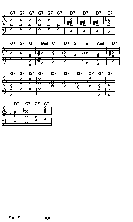 I Feel Fine, p2: <P>Page 2 of the score of the chord progression for John Lennon and Paul McCartney's "I Fell Fine".</P>