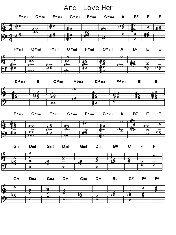 And I Love Her, p1: Page 1 of the score of the chord progression for Lennon and McCartney's "And I Love Her".