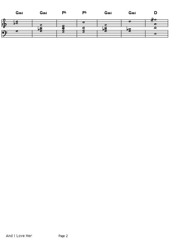 And I Love Her, p2: Page 2 of the score of the chord progression for Lennon and McCartney's "And I Love Her".