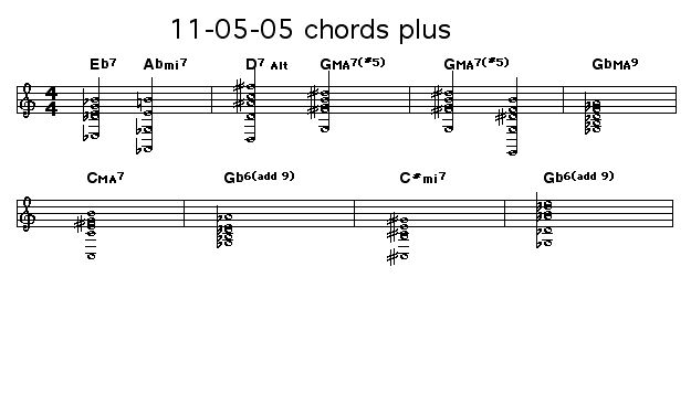 11-05-05 chords plus: Two chords added to the 11-05-05 posting. This can be concatentated to that posting giving us a 14 bar form that I think will sound pretty interesting.