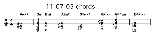 11-07-05 chords: Six bar pattern with irregular harmonic rhythm.