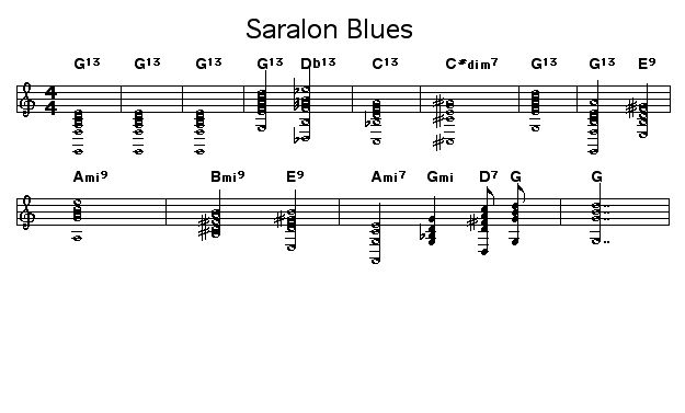 Saralon Blues: <P>Chord progression for the solo section of Thomas Fredrickson's "Saralon Blues". </P>  <P>This was the first chord arrangement created via a member's Workscore, that was submitted to the site as a Harmony Project, and promoted to "The Changes". May there be many more!</P>