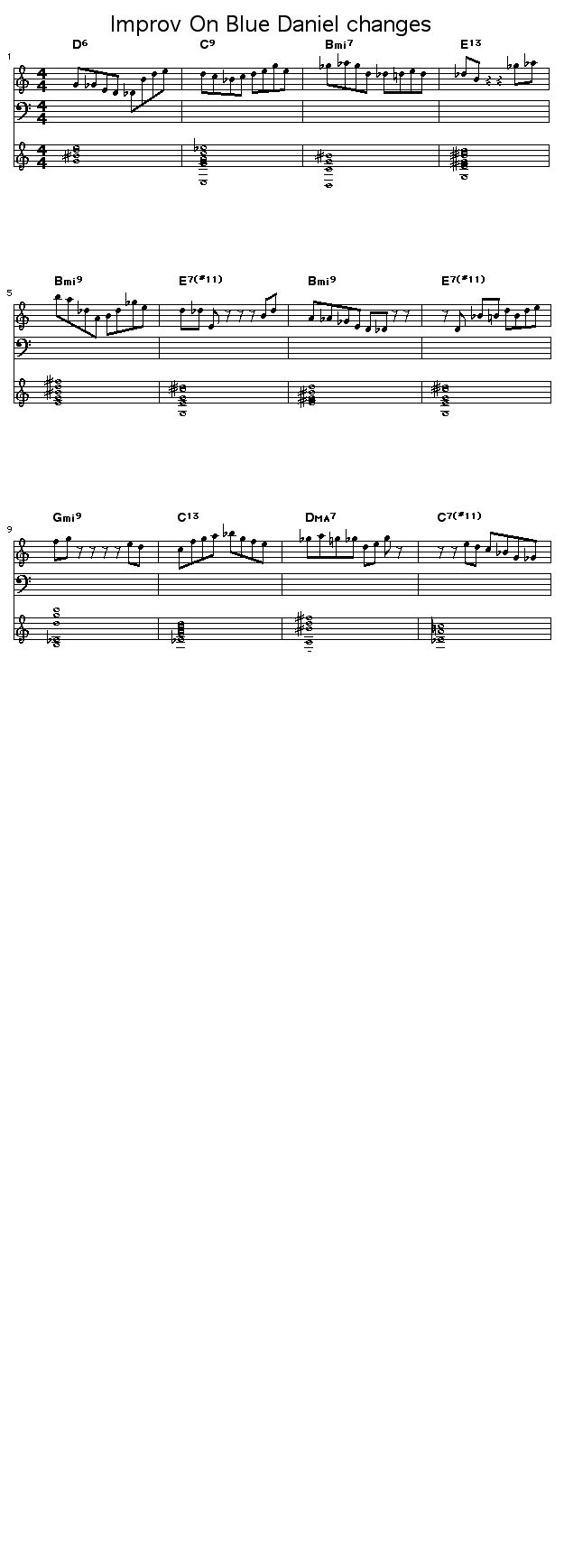 Improv On Blue Daniel changes: <P>This is an improv on the "Blue Daniel" changes in 4/4. The meter of "Blue Daniel" is 3/4. </P>  <P>This was another 10 minute effort with my Workscore. I'm going to save this to my Mac using the Download link, open it with SongTrells Editor For Mac, apply a swing feeling to the melody and submit a swung version of this. </P>