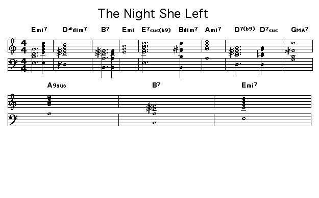 The Night She Left: Sad song.  I first concieved it as a tango with a strong rhythm set by a bandoneon and an upright bass.