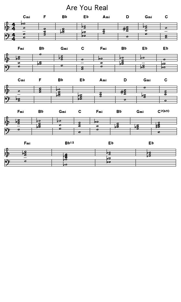 Are You Real: <P>Hi Songtrellis,</P>  <P>Here's set of changes for Are You Real that I found in a very old lead sheet I had.   Does anyody have a way of checking that they're okay?   They work with the melody, and are a good blowing sequence, but I can't help feeling there might be a more subtle way of going about it!  Any ideas?</P>  <P>Jerry Palmer</P>