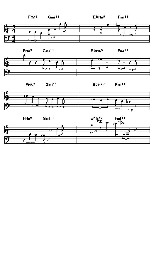 4-18-07 Short Bell Melody: <P>I used the two chord sequence that Bill Evans repeats in "Peace Piece", transposed that down a major 2nd, and pasted it behind the original chords, to create this four chord sequence. I guessed that this might give attractive soundings results. </P>  <P>Then I used a <A href="http://www.songtrellis.com/workscoreComposer3" ;>new version of the Workscore Composer</A>, selected the Short Bell rhythm pattern as my rhythm source, and repeatedly pressed the "Improvise New Idea" button under the "Improvise Idea" tab, deleting the results until good ideas appeared. Then I pressed the "Insert Rest At End" button under the "Enter Rests" tab until a half bar or more of time had elapsed and started the next idea. </P>  <P>It took about 10 minutes to invent this entire 8 bar melody. </P>  <P>The improvisor code adds copies of the original chord sequence to the end of the score to ensure that there is enough harmony available to generate the next idea, so I had to discard that extra stuff before posting.</P>