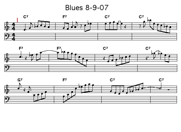 Blues 8-9-07: <P>A blues I composed so that I could demo Workscore's and SongTrellis Tunetext URLs for a video on the SongTrellisWorkshop channel on kyte.tv.</P>  <P>Perform the piece with swing via this <A href="http://tinyurl.com/2v964z">Tunetext URL</A>.</P>