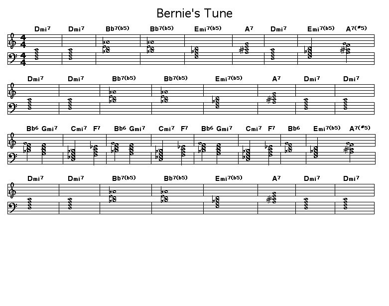 Bernie's Tune: Chord progression for Bernie Miller's "Bernie's Tune".  <P></P>  <P>Right click on this score (ctrl-click on Macs) to download it.</P>