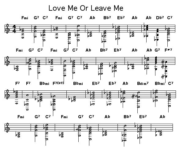 Love Me Or Leave Me: Chord changes for "Love Me Or Leave Me" written by Walter Donaldson and lyrics by Gus Khan.     Written in 1928, this played during the opening credits of the 1955 biopic of singer Ruth Etting "Love Me Or Leave Me" and was sung by Doris Day during the film.     Basie's band did a notable version of this in the late-30's.