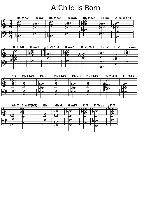 A Child Is Born: Gif image of a score showing the chord symbols and example chord voicings playable on piano of the chord progression for Thad Jones' "A Child Is Born".