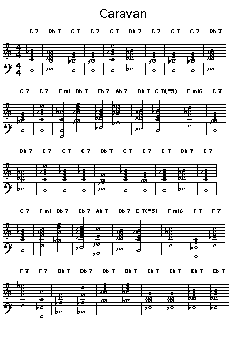 Caravan page 1: <P>Gif rendering of page 1 of the score of the chord progression for Duke Ellington's "Caravan".</P>