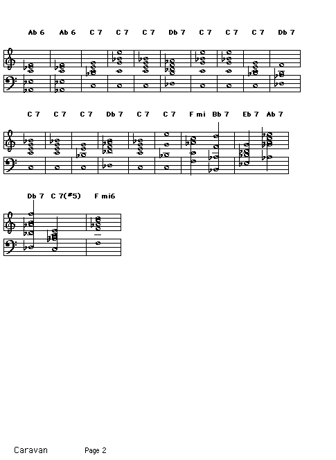 Caravan page 2: <P>Gif rendering of page 2 of the score of the chord progression for Duke Ellington's "Caravan".</P>