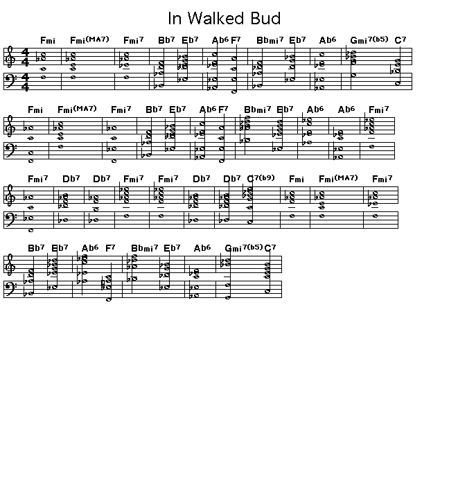 In Walked Bud: <P>Gif rendering of the score of the chord progression for Thelonious Monk's "In Walked Bud". </P>