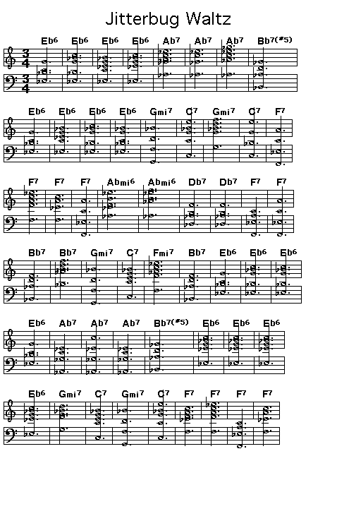 Jitterbug Waltz, page 1: <P>Gif rendering of page 1 of the score for the chord progression of Fats Waller's "Jitterbug Waltz".</P>