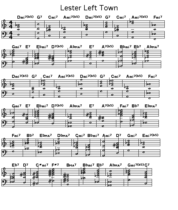 Lester Left Town, page 1: <P>Gif rendering of page 1 of the score of the chord progression for Wayne Shorter's "Lester Left Town".</P>