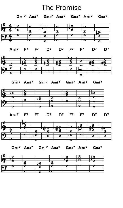 The Promise, page 1: <P>Gif rendering of page 1 of the score of the chord progression for John Coltrane's "The Promise".</P>