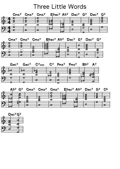 Three Little Words: Gif rendering of the score for the chord changes of Harry Ruby's "Three Little Words".