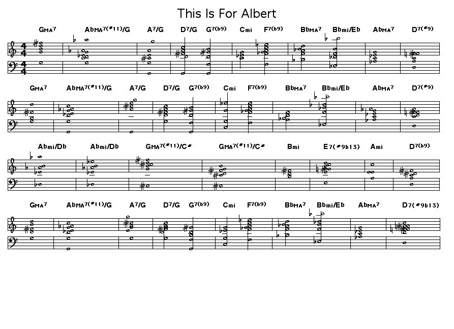 This Is For Albert: <P>Chord progression for Wayne Shorter's "This Is For Albert". Wayne dedicated this  tune to pianist Bud Powell. It was first performed by Art Blakey's Jazz Messengers when Shorter was the musical director for that group in 1962.</P>  