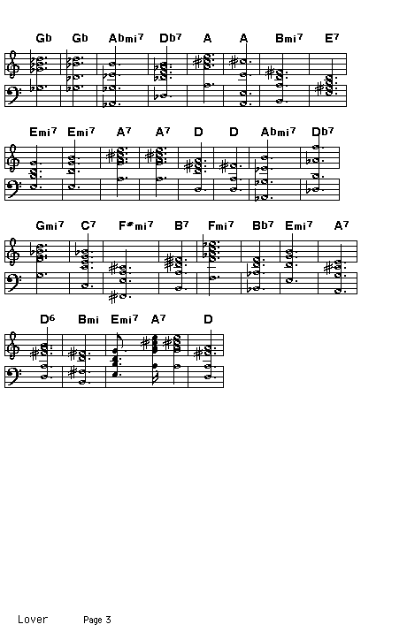 Lover, page 3: Page 3 of the score for the chord progression of Richard Rodgers' "Lover".